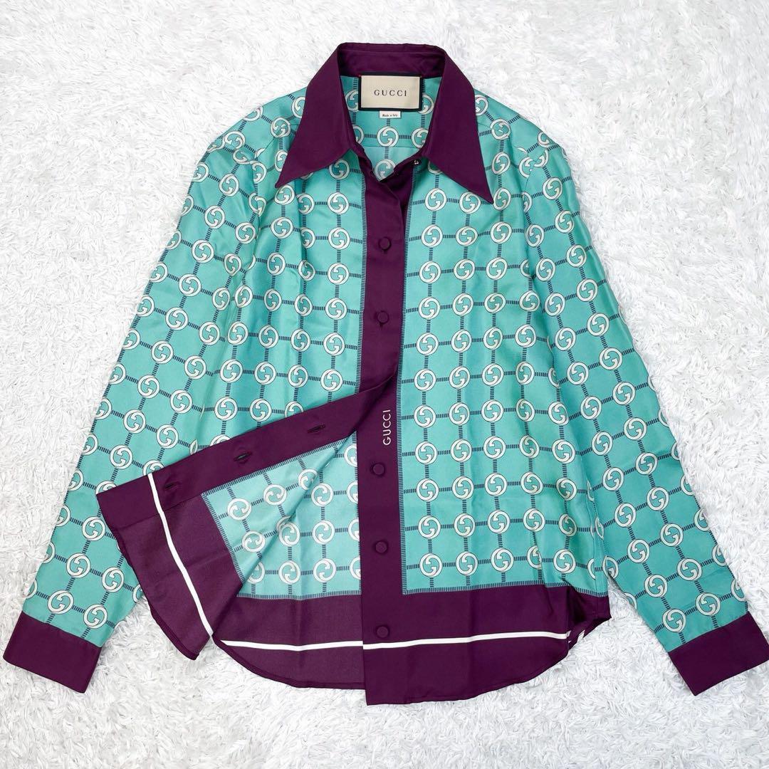 GUCCI インターロッキング シルク シャツブラウス トップス 36 ブルー