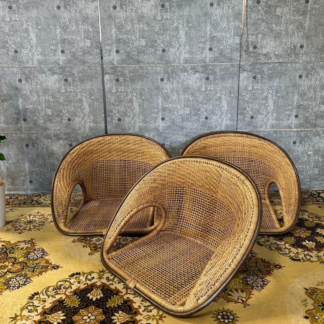 ꧁今枝ラタン꧂座椅子3脚 籐家具 いす イス チェア 昭和レトロ モダン