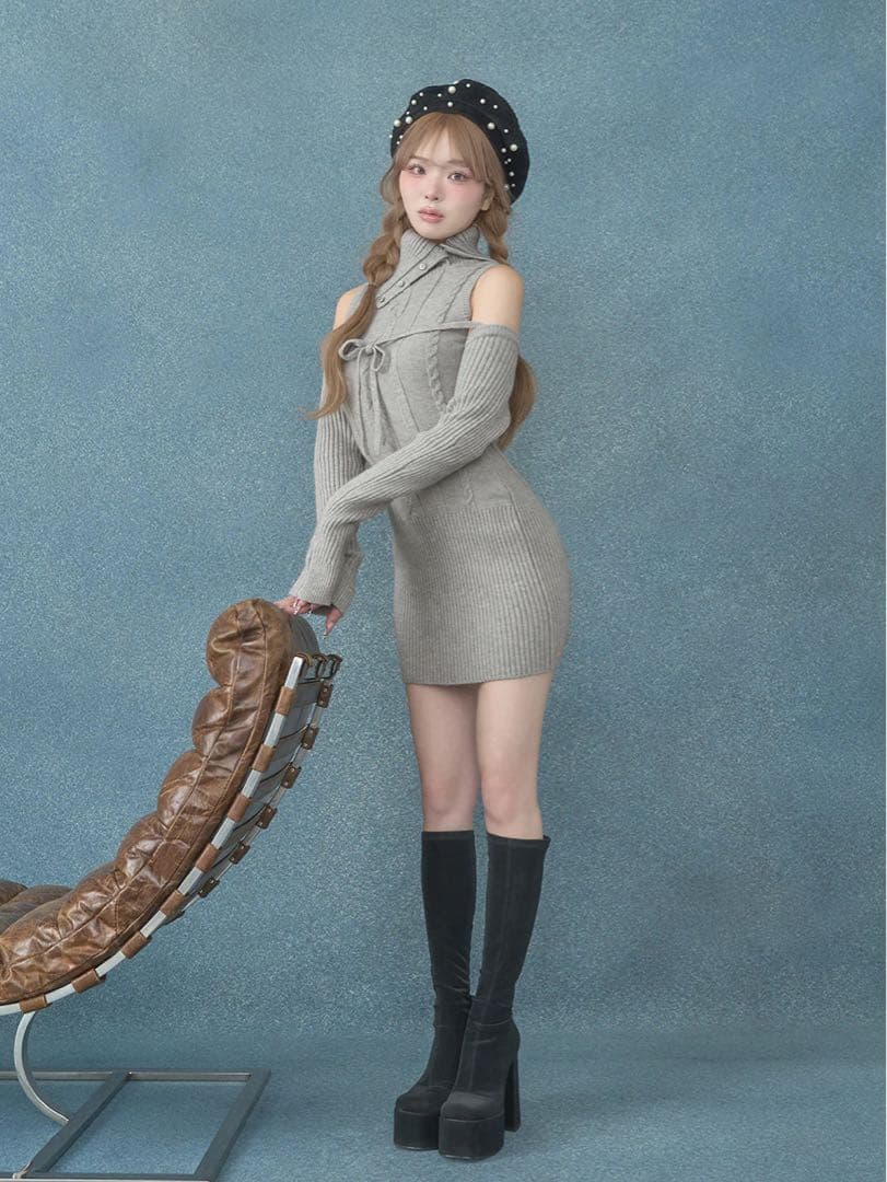 Darich ダーリッチ デザインネックニットミニワンピース