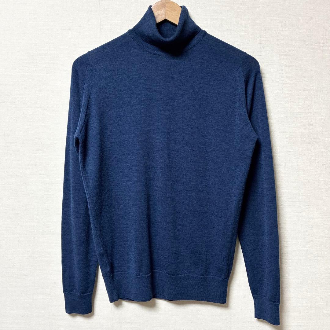 極美品 JOHN SMEDLEY タートルネックセーター ネイビーブルー ウール