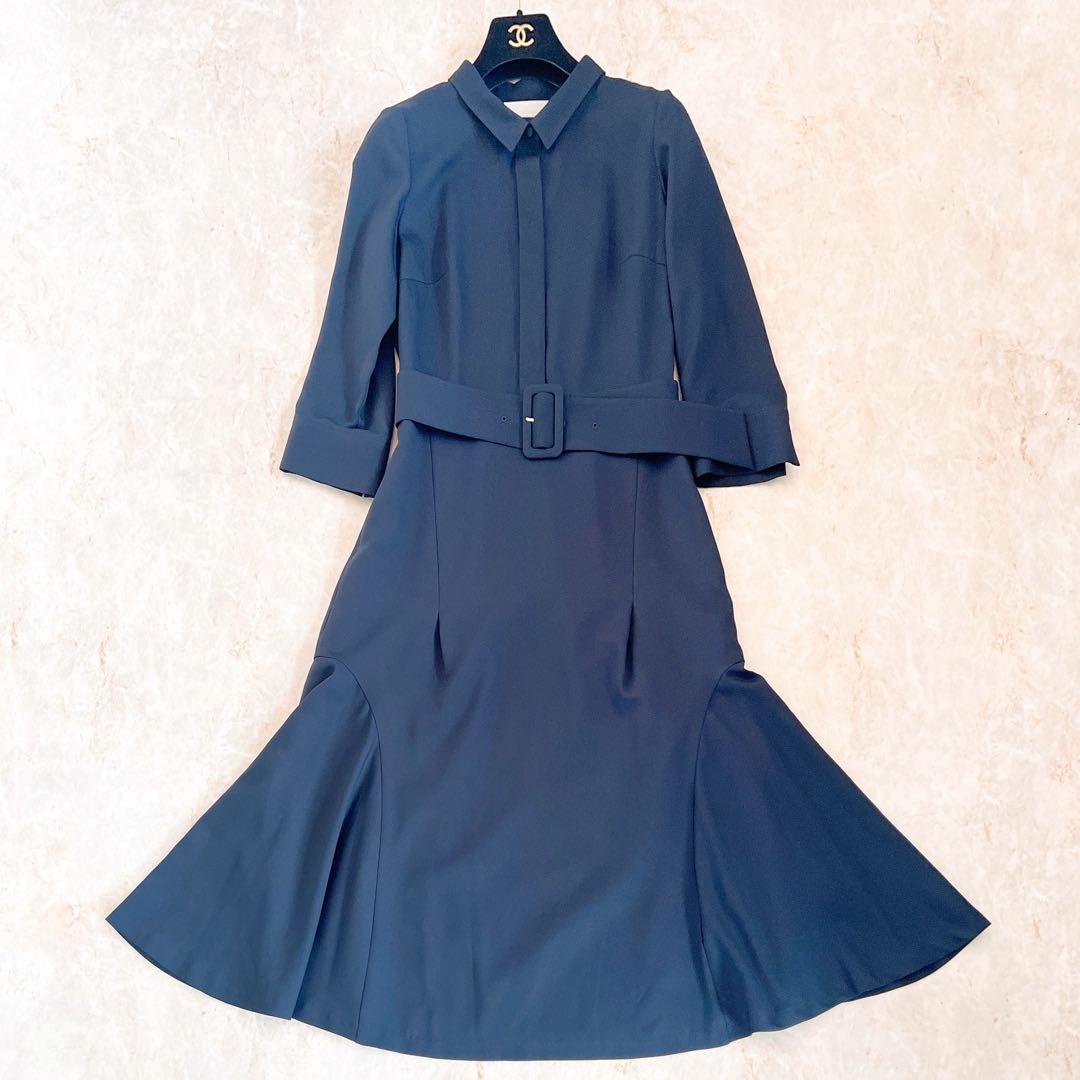 セルフォード ワンピース 濃紺 ネイビー ベルト 38 春夏 Aライン 結婚式