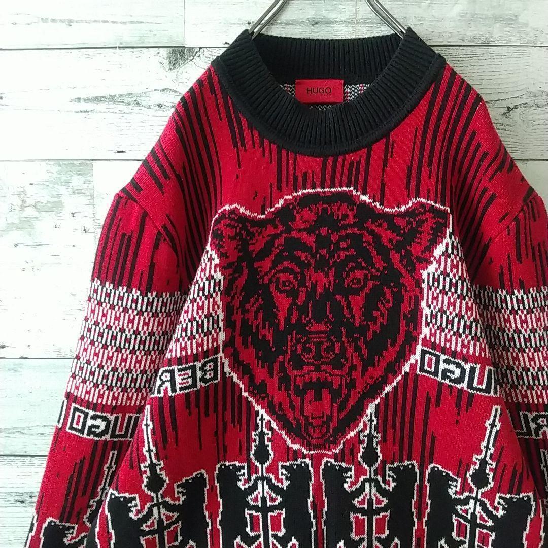 激レアデザイン☆ヒューゴボス クマ ベアー 総柄 ニット XL