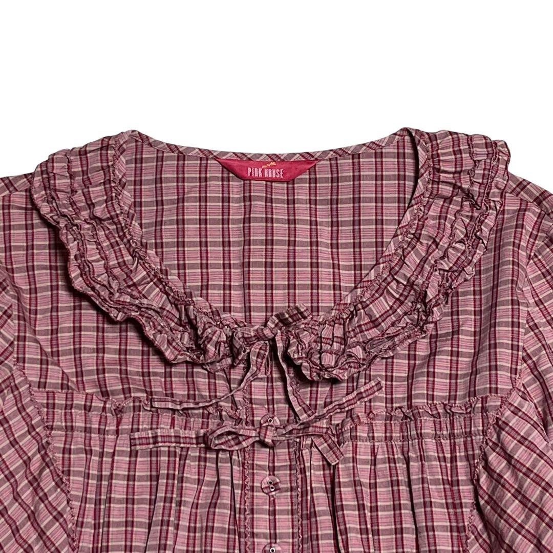 PINK HOUSE チェックフリルチュニックブラウス チェック レッド 段々