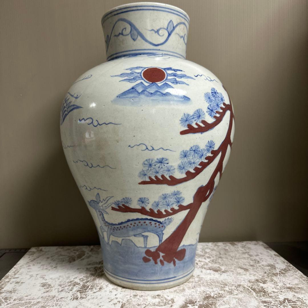 李朝、白磁、辰砂、鹿、鶴、亀図、大壺。