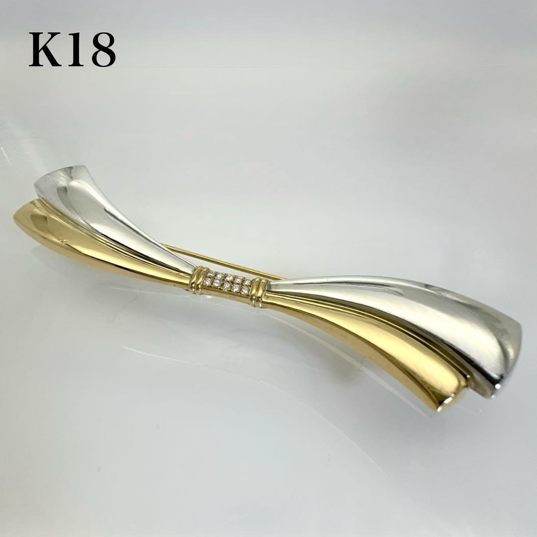 K18×シルバー ダイヤモンド0.13ct リボン ブローチ 総重量12.0g