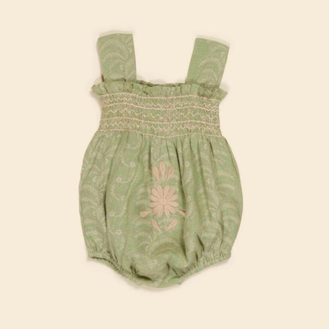 Apolina グリーン刺繍ロンパース 6-12M