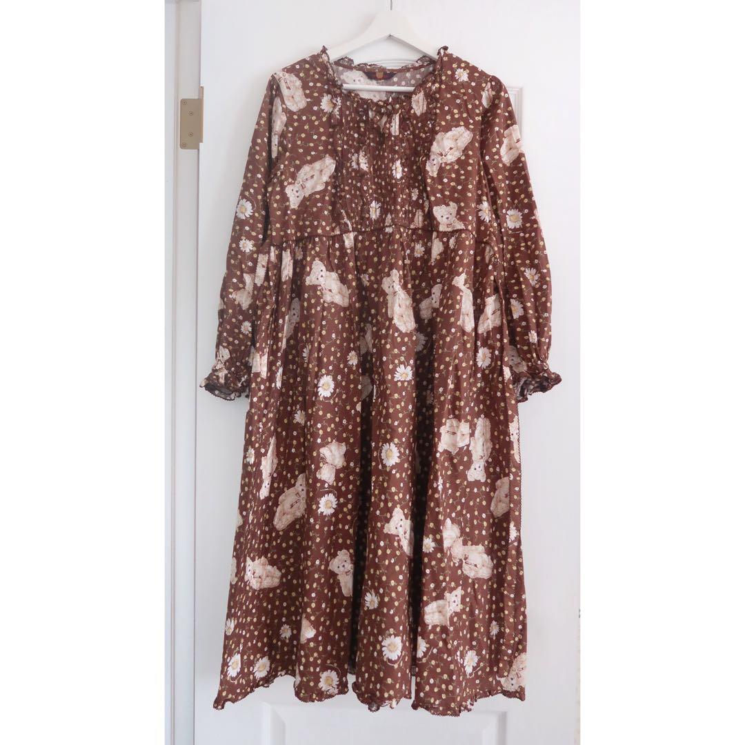 週末限定お値下ピンクハウス ひなぎくテディプリントミディワンピース チョコレート