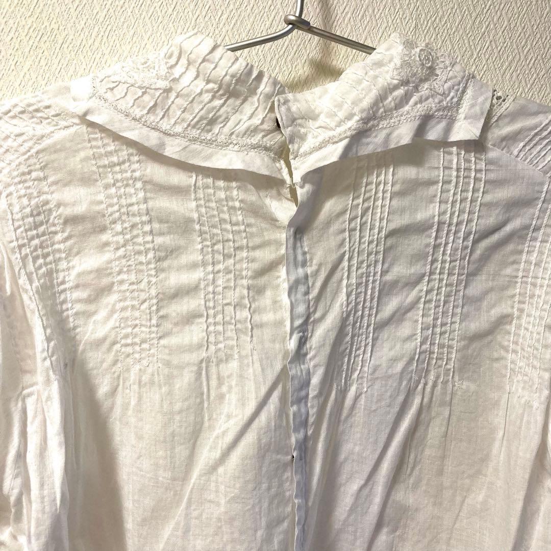 【アンティーク】フランス ブラウス 花 刺繍 ホワイト