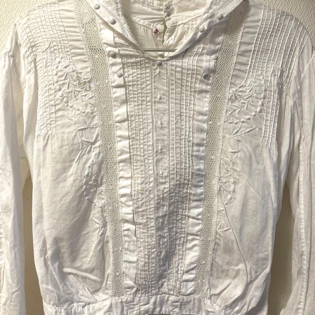 【アンティーク】フランス ブラウス 花 刺繍 ホワイト