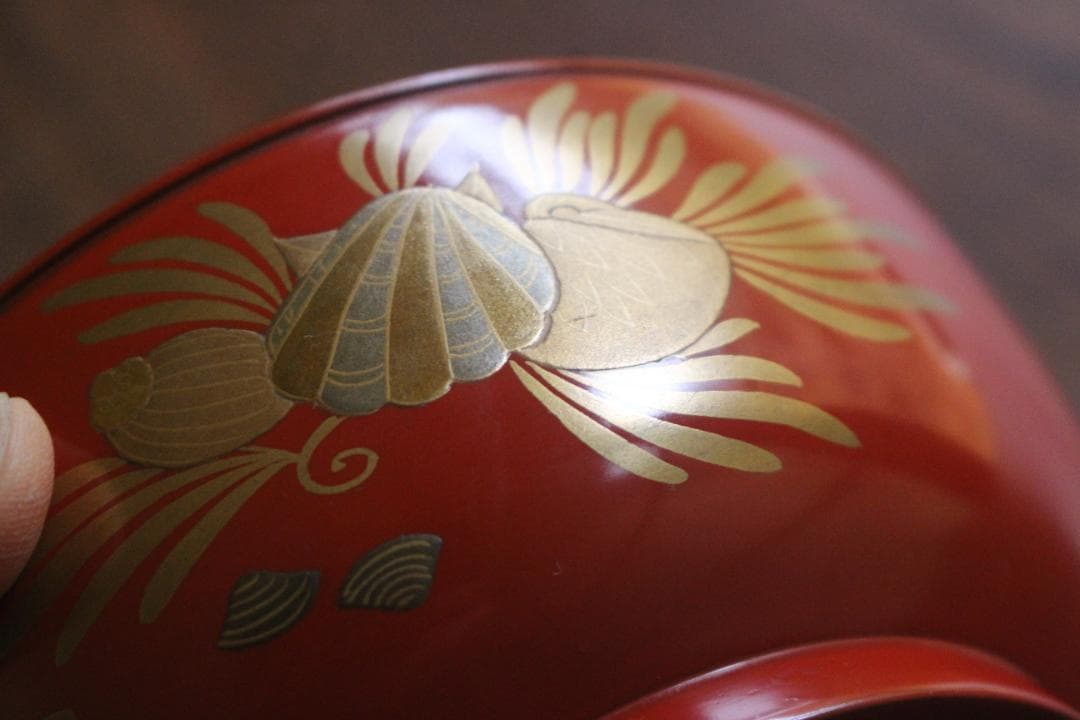 時代逸品！時代金縁朱漆に極上貝尽くし蒔絵の映えるお椀2点（検輪島塗雑煮椀
