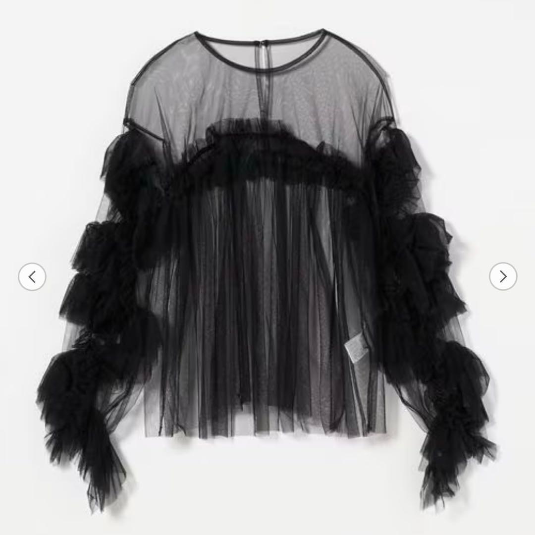 【新品タグ付き】ANDRESD／チュールレース ギャザー ブラウス／ブラック／Ｆ