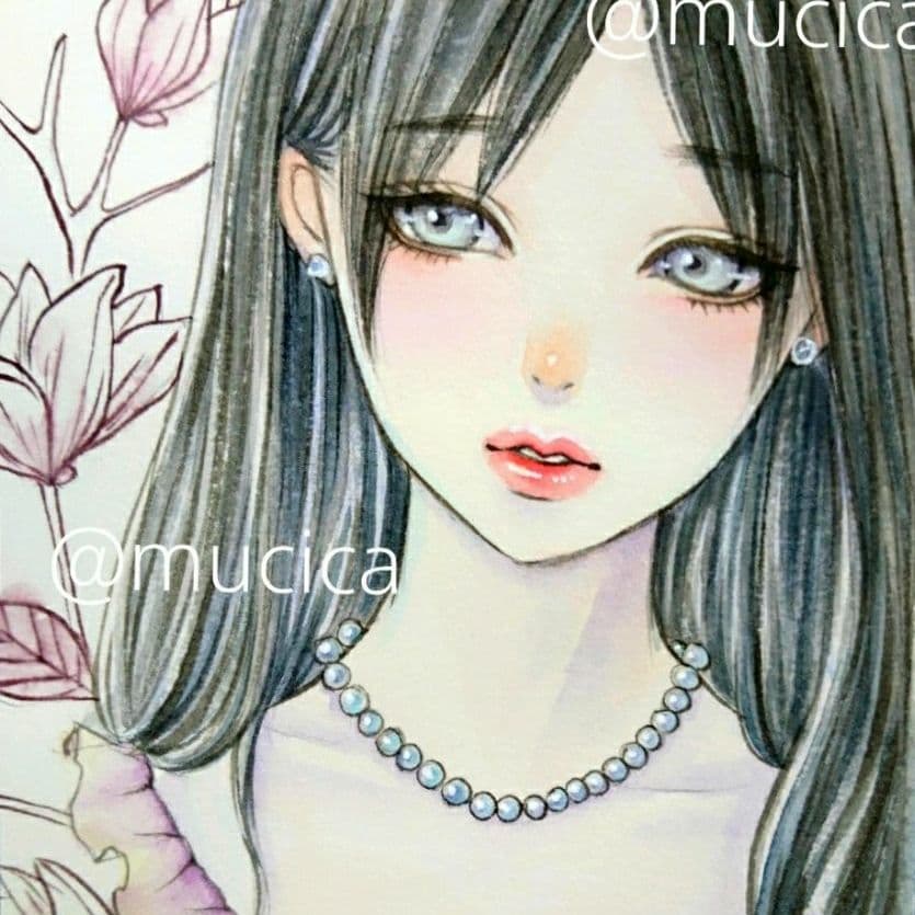 ポストカード プリントオリジナルイラスト《 木蓮 》水彩画 女の子 美人画