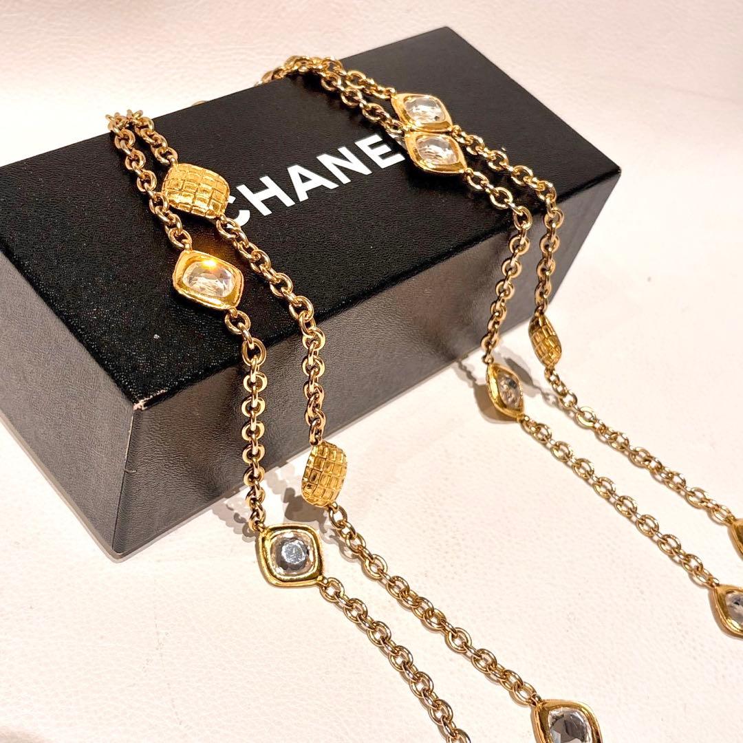 シャネル ヴィンテージ チェーンネックレス ラインストーン マトラッセ ゴールド