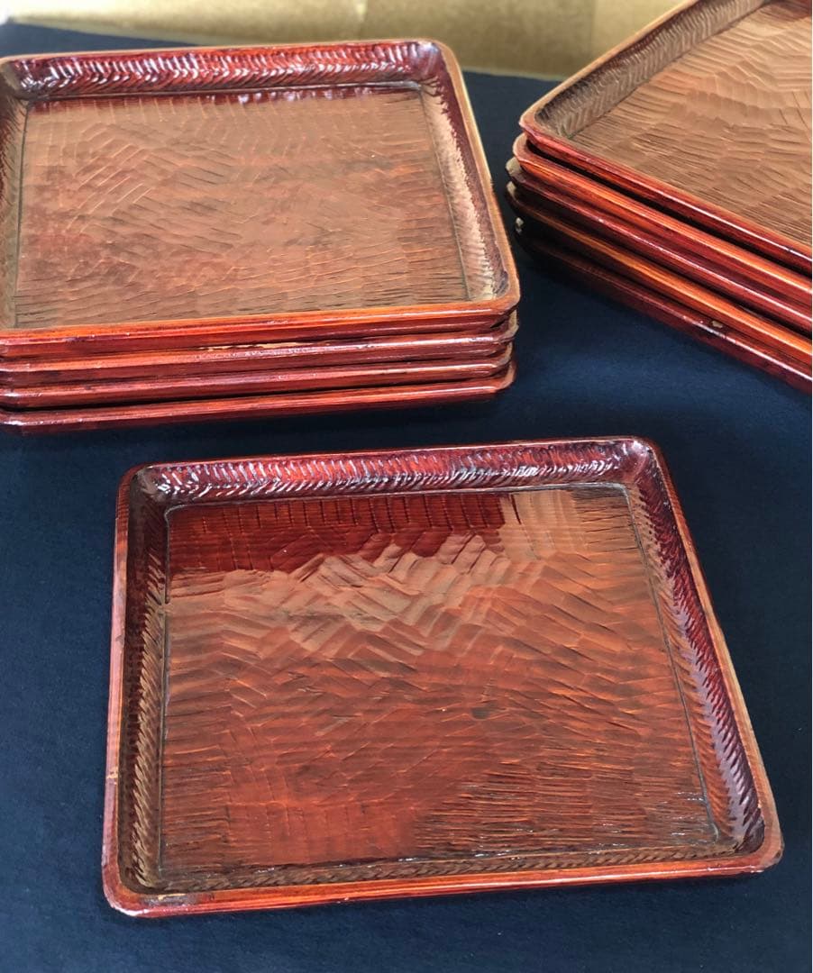 割引❗️《レ》伝統工芸 讃岐彫 讃岐盆5客 四方盆 銘々膳 刳抜 251027う1