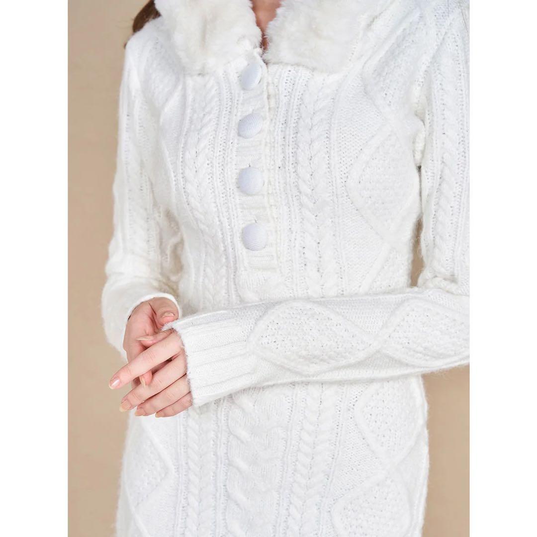 新品タグ付 ダーリッチ フードファーケーブルニットミニワンピース ブラック FL