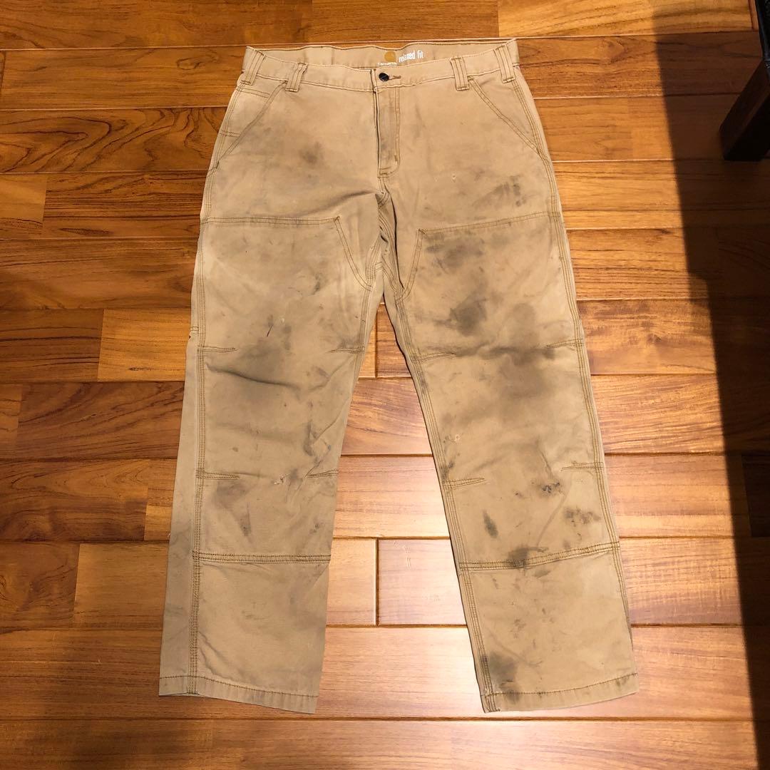 CARHARTTダブルニーワークパンツ ベージュ　汚れデザイン34／30