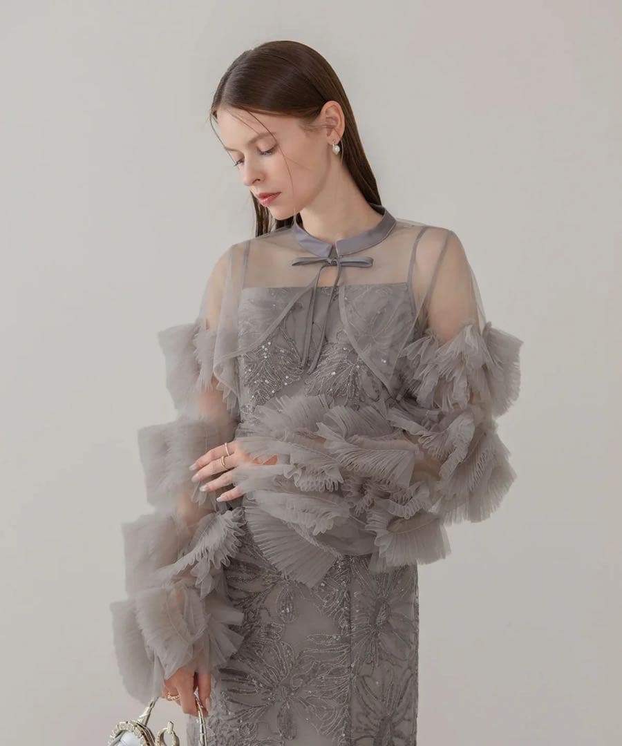 フリルチュールスリーブリボンIラインワンピースドレス結婚式二次会成人式パーティー