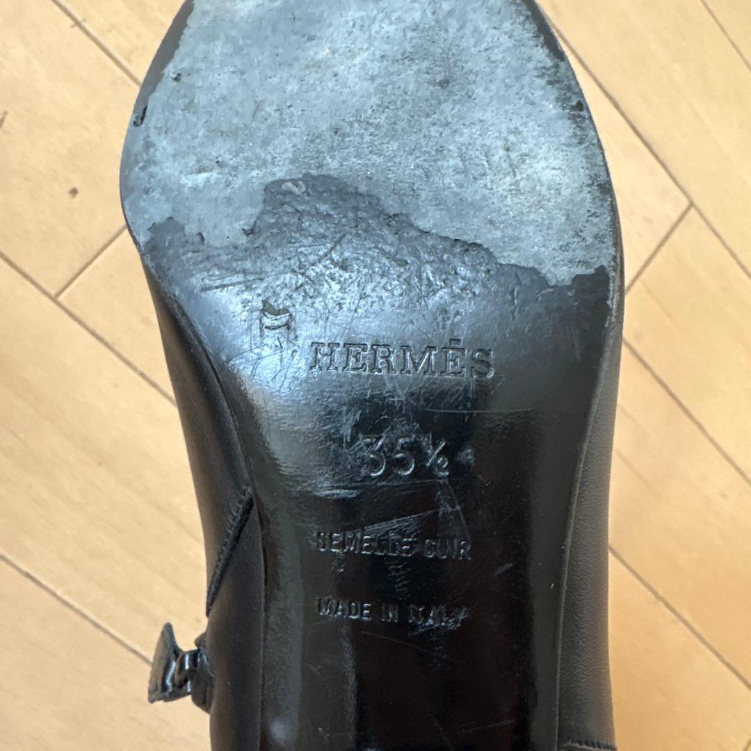 HERMESエルメスブラックレザー中ヒールブーツ
