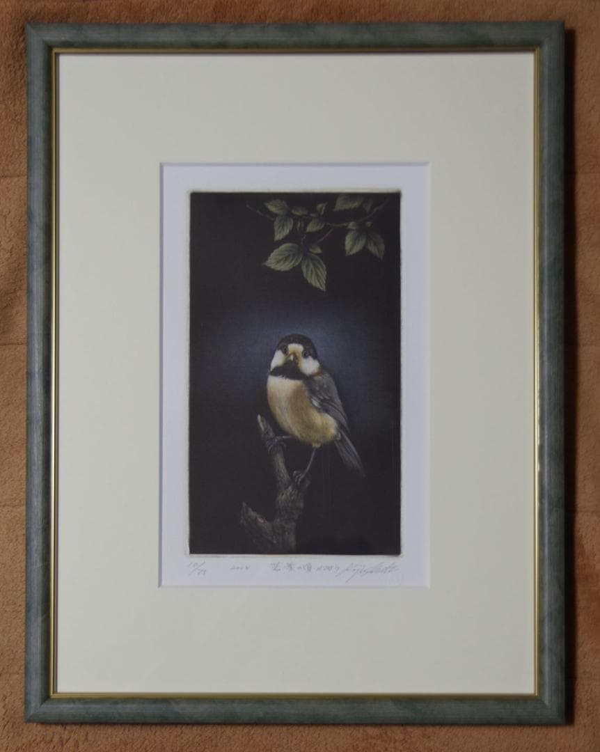 生田宏司　「若葉のころ　ヤマガラ」　　銅板画　２５×１４ｃｍ　真作　ｍｃ