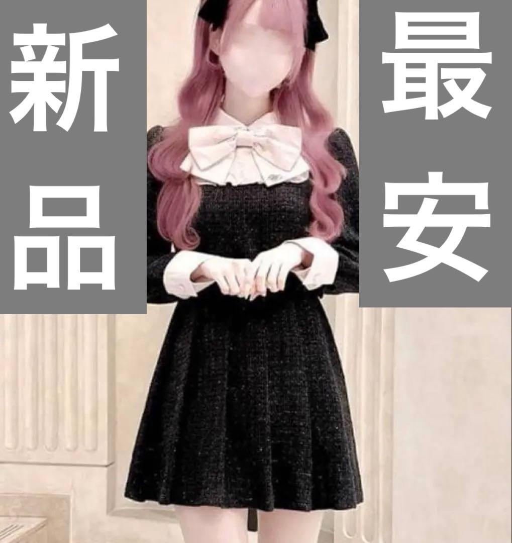 ハニーミュウ ビッグリボンツイードプリーツワンピース ブラック