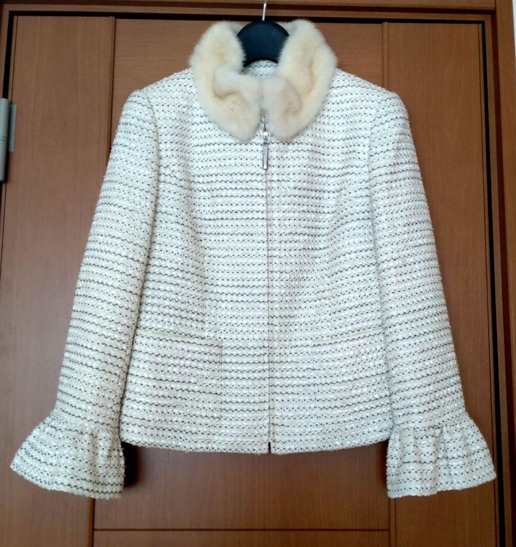 極美品【Rene】ルネ ツイード ジャケット ミンクファー フレアスリーブ 白