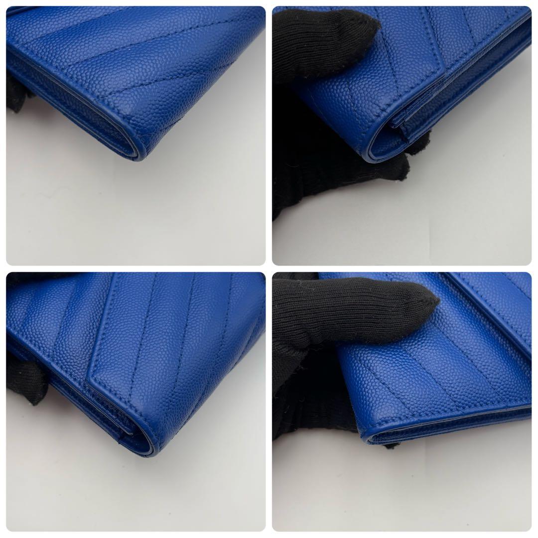 【極美品】サンローラン 長財布 ブルー Vステッチ キャビアスキン YSL