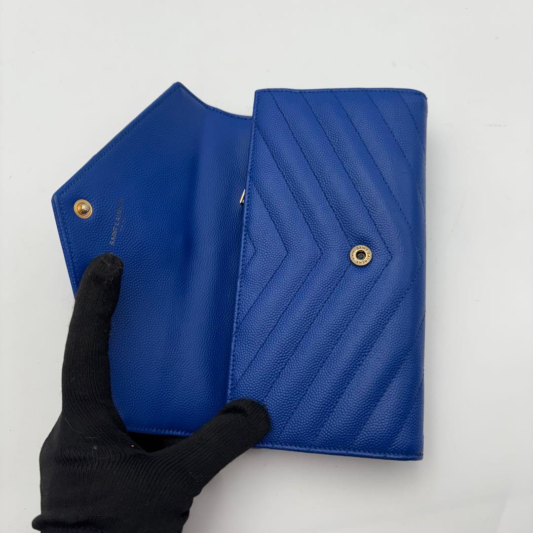 【極美品】サンローラン 長財布 ブルー Vステッチ キャビアスキン YSL