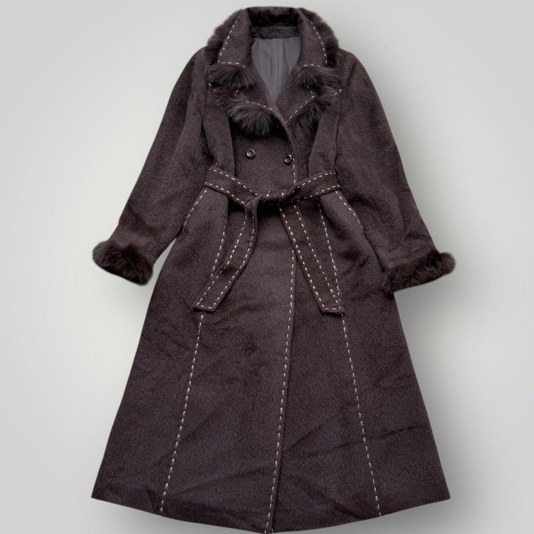 本毛皮☆フォックス アルパカ ベルテッドコート マキシ丈 120㎝ ブラウン