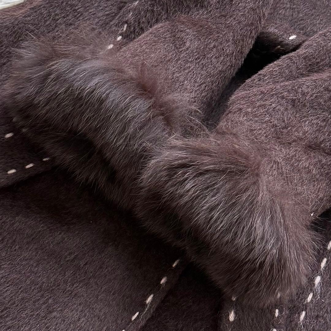 本毛皮☆フォックス アルパカ ベルテッドコート マキシ丈 120㎝ ブラウン