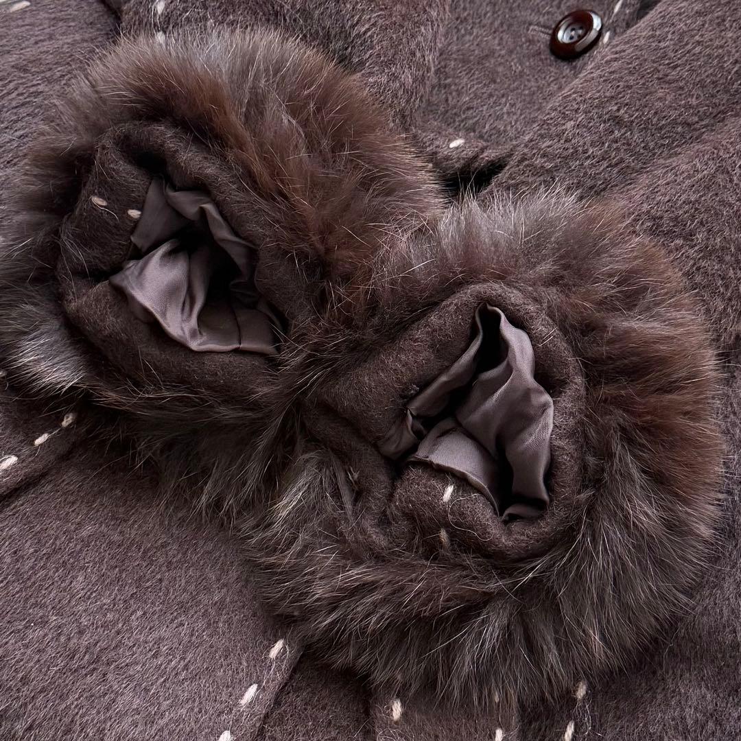 本毛皮☆フォックス アルパカ ベルテッドコート マキシ丈 120㎝ ブラウン