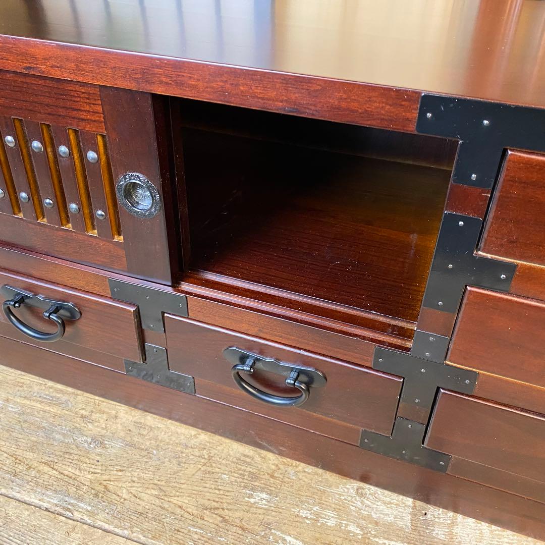 民芸家具桐材天然無垢和引き戸付きチェスト横長テレビ台飾り棚収納総桐和箪笥