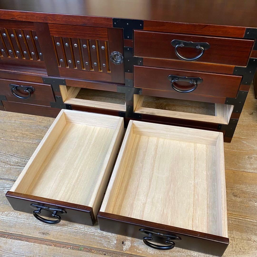 民芸家具桐材天然無垢和引き戸付きチェスト横長テレビ台飾り棚収納総桐和箪笥