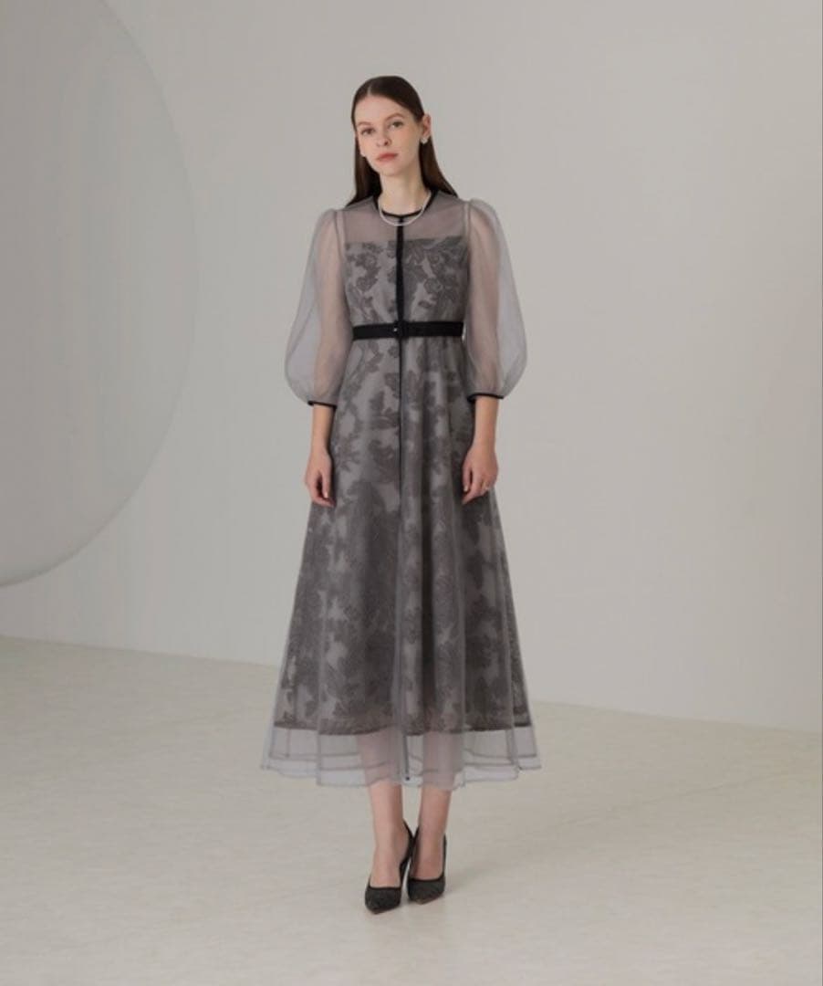 【LEJA】「Sサイズ」チュールパイピングリーフベルトAラインワンピースドレス