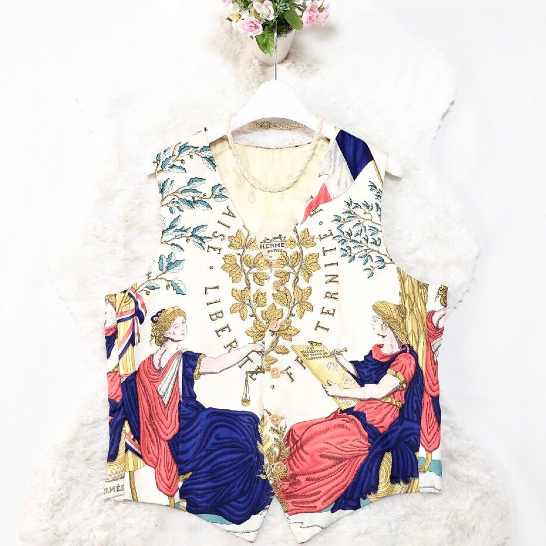 HERMES*エルメス　シルク100%　スカーフ柄ベスト　総柄　46