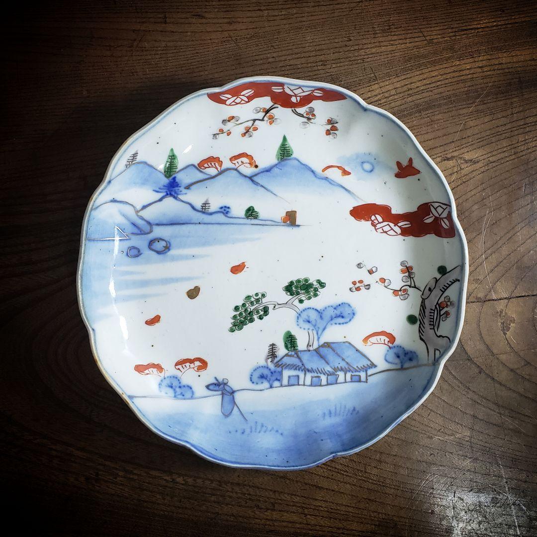 皿　色絵　山水　江戸　家屋　古伊万里　染付　鳥　松竹梅