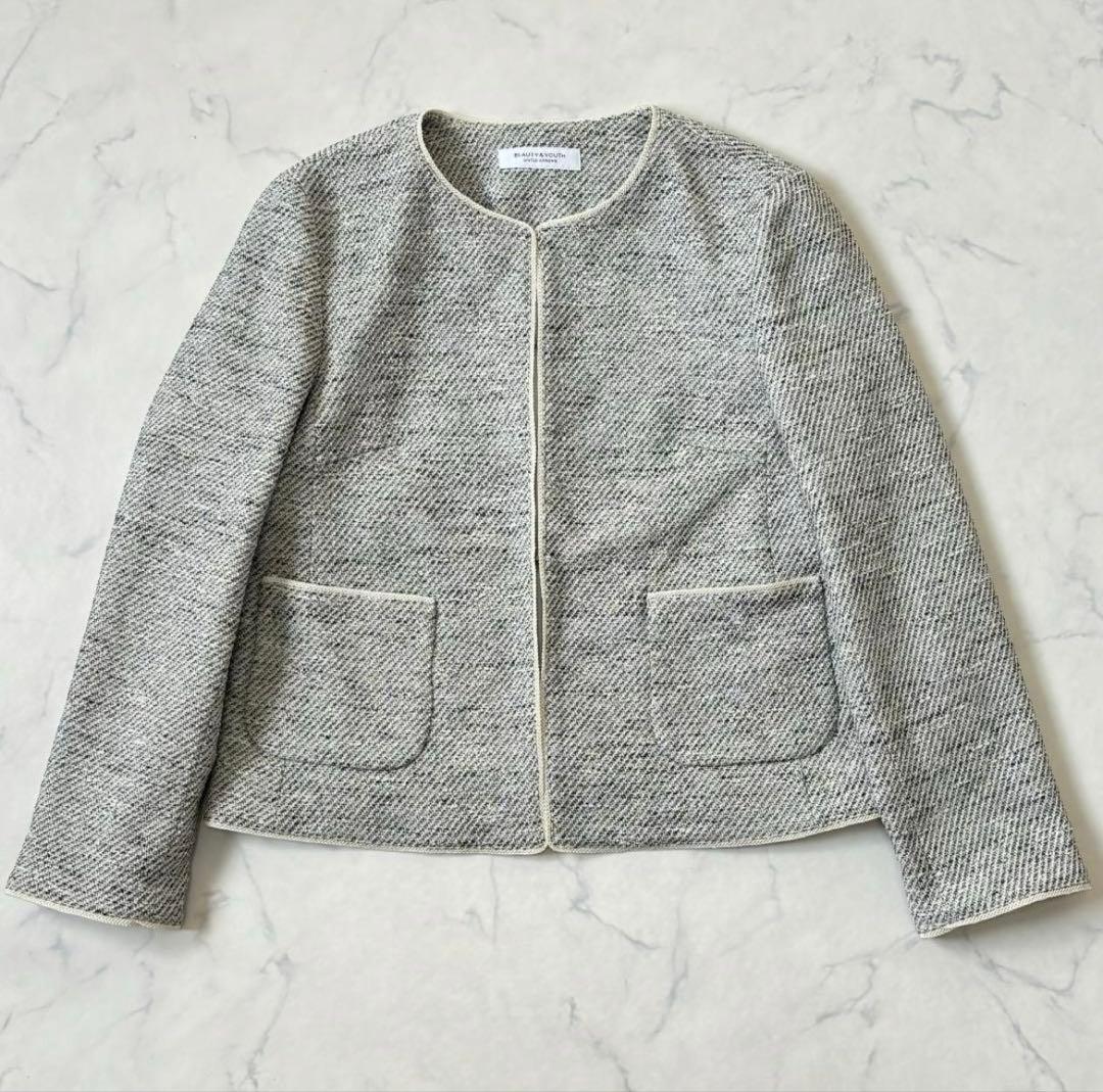美品♪ビューティ&ユース ツイード ノーカラー スカートスーツ サイズL