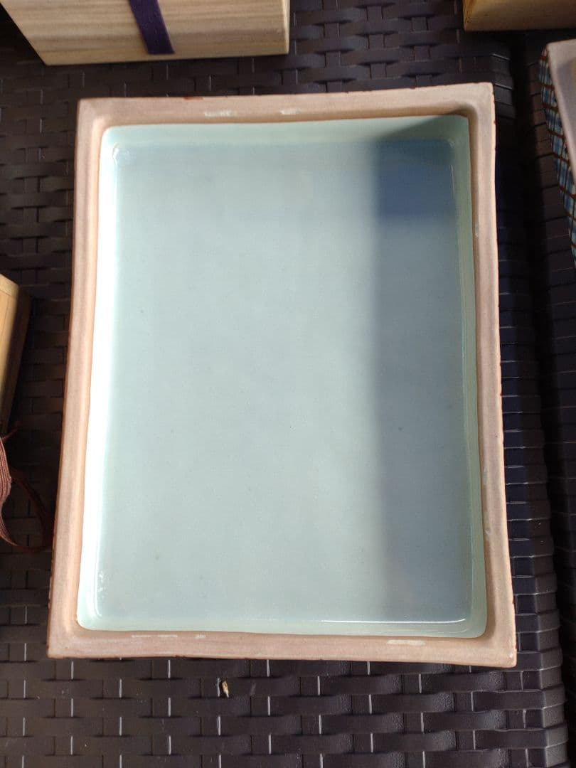 阿部眞士造染付丸文長方面取陶筥　共箱　新品?未使用?