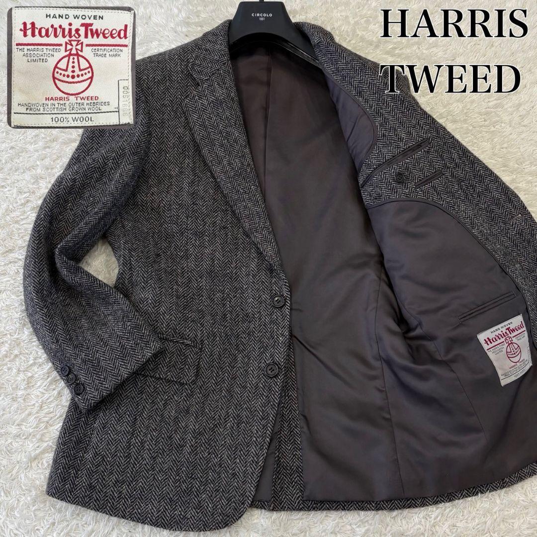 ハリスツイード テーラードジャケット 総柄 ヘリンボーン L チャコールグレー