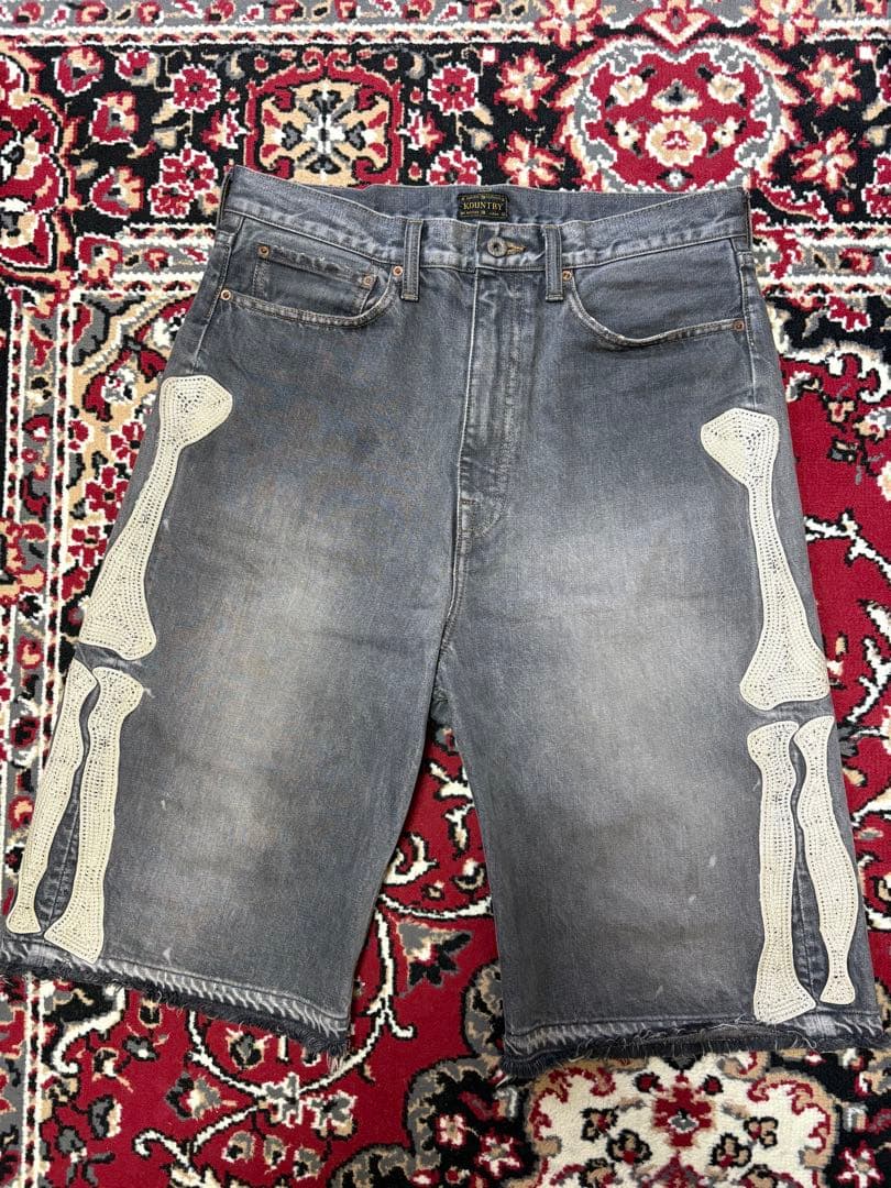 [KAPITAL]14ozブラックデニム5PショートパンツBONE刺繍 34