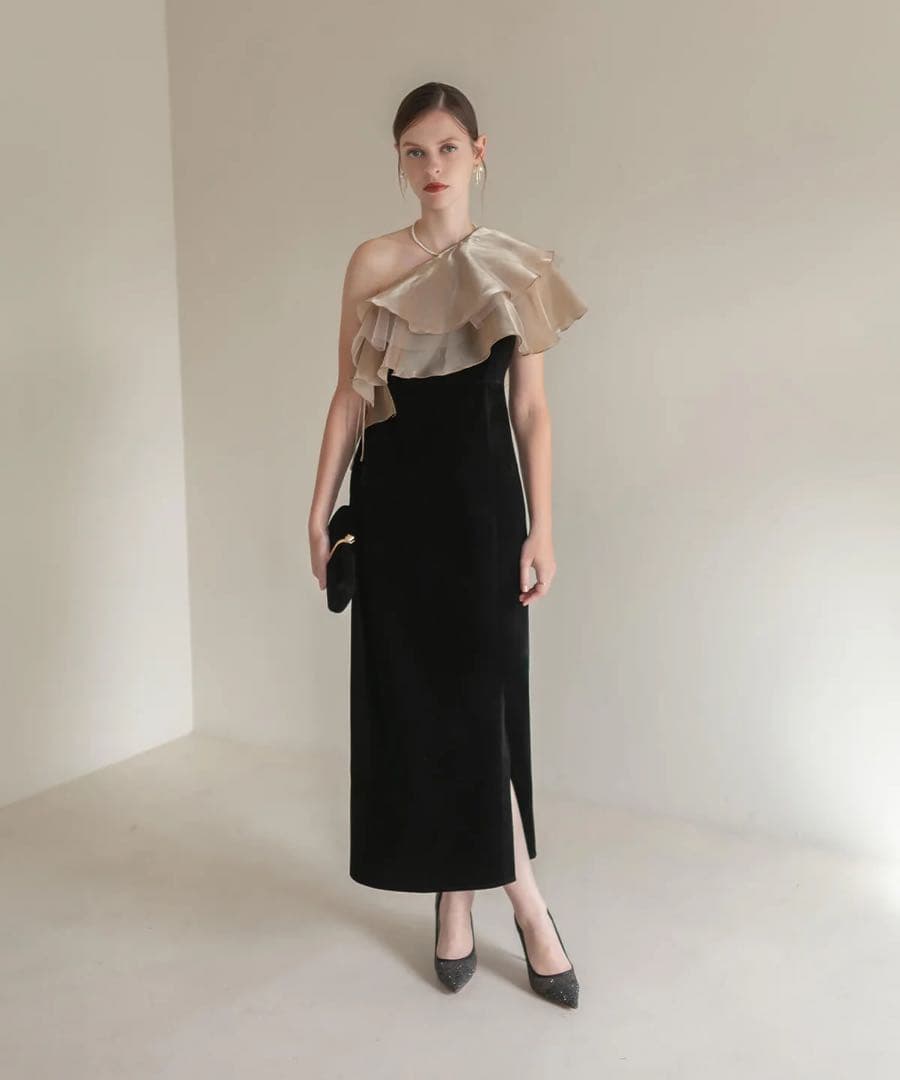 【Leja】アシンメトリーティアードフリル3WAYベロアワンピースドレス