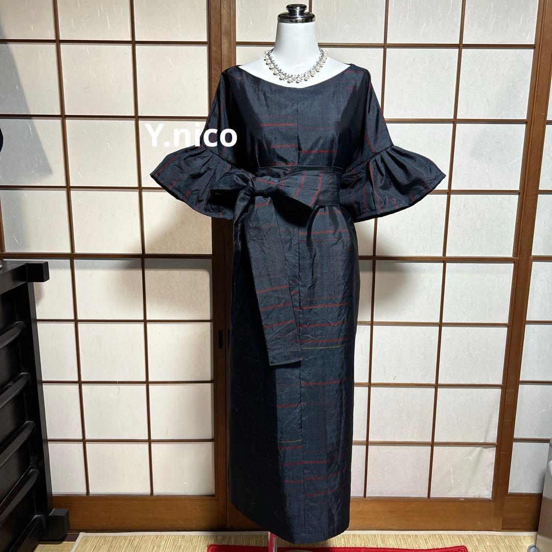 LL 着物リメイク 正絹 濃紺大島紬 フリル袖ゆったりワンピース