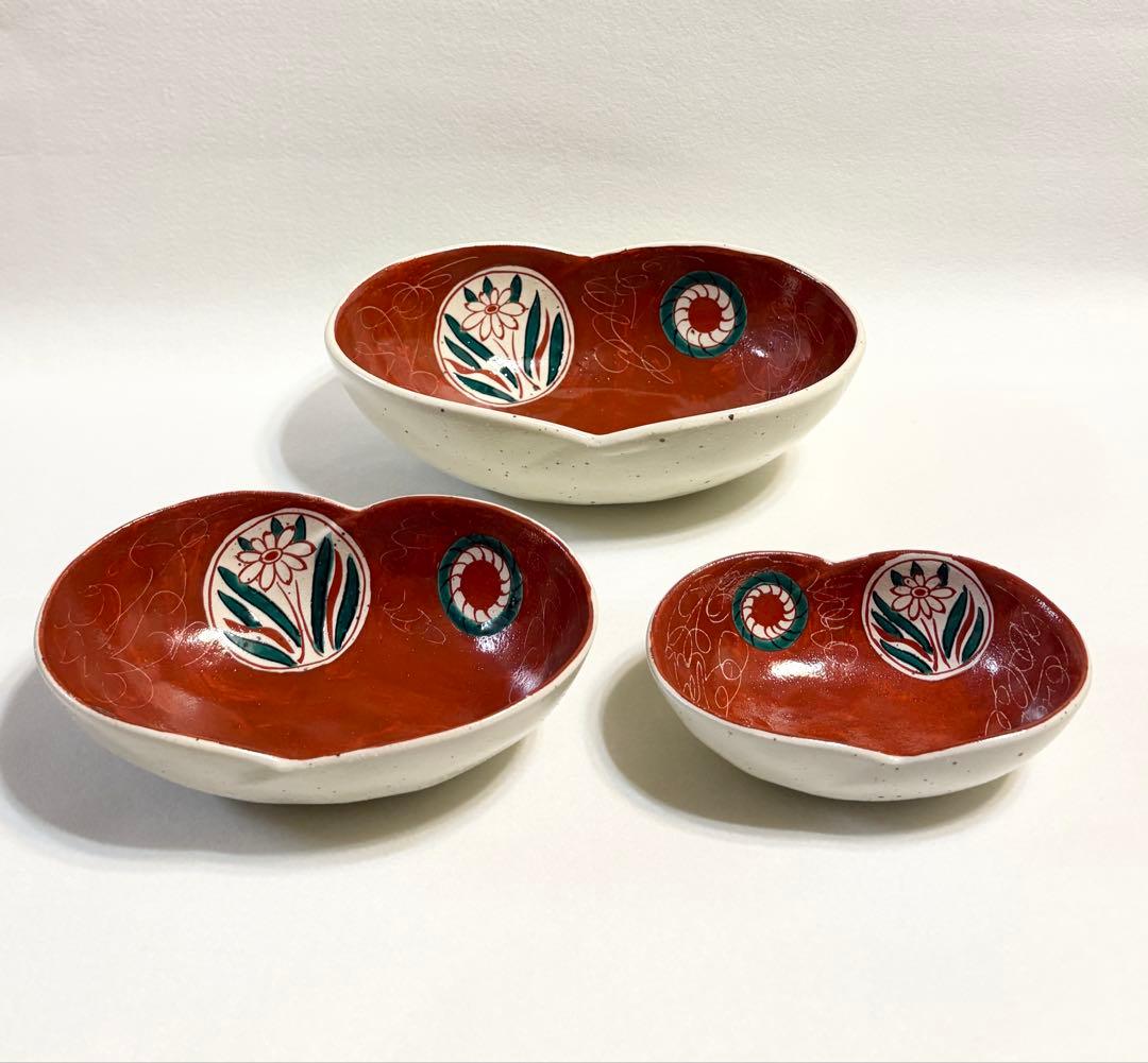 九谷焼 暁堂 赤絵 花文 変形楕円鉢 大中小 セット 上質 和食器 手描き