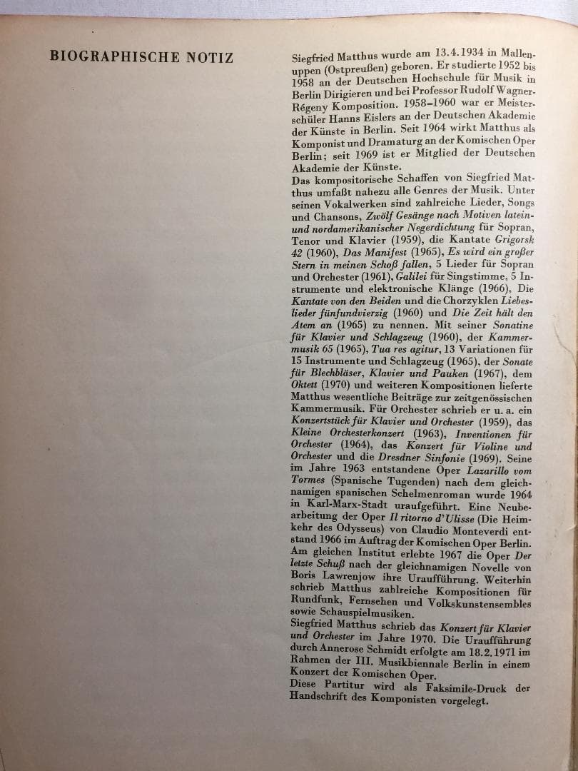 希少ー（ジークフリート・マトゥス Klavierkonzert スコアー）
