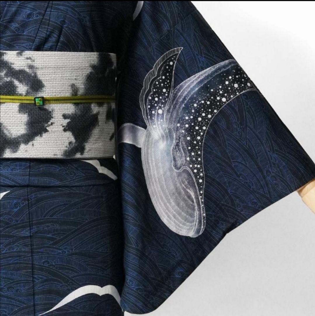 ★最終★レア柄★めずらしい絵羽柄浴衣.紺地波柄★夏きもの大人の浴衣