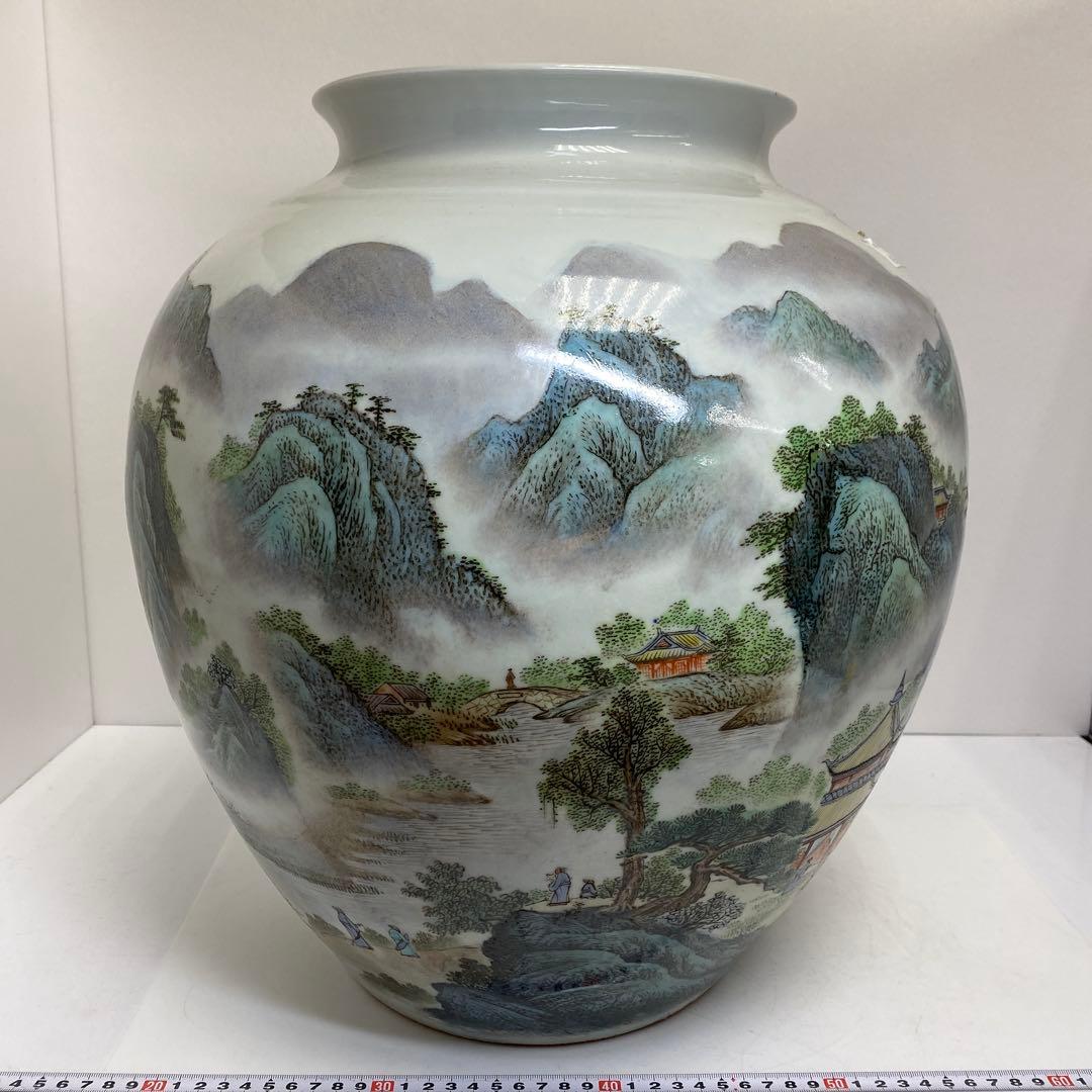中国美術 粉彩山水画 大壷 H43cm 東キ7-1230① トヒエ