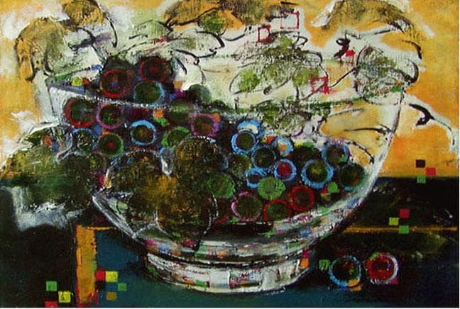 油絵 菅家令子絵 絵画インテリア額付(青緑＋金色の枠) uF6-061203果物