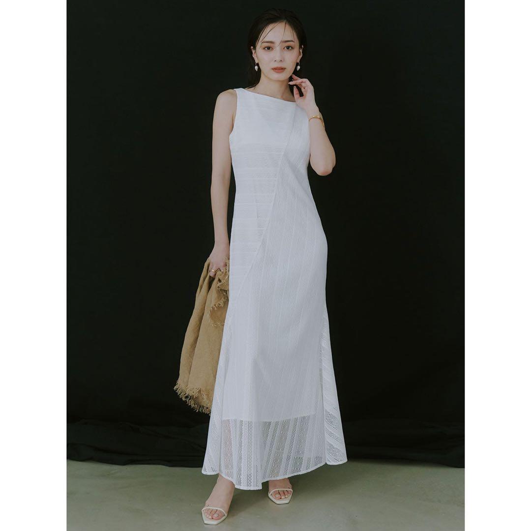 新品タグ付き ジオメトリックレースパネルワンピース ホワイト M アニュアンス