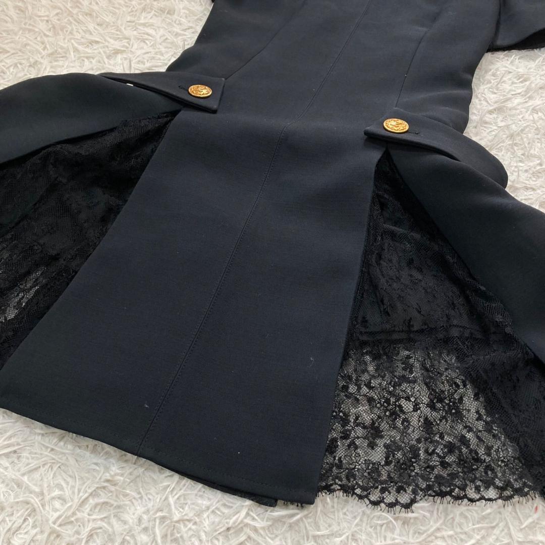 17442✨ルイヴィトン 金ボタン LVロゴ レース切替フレアワンピース ウール