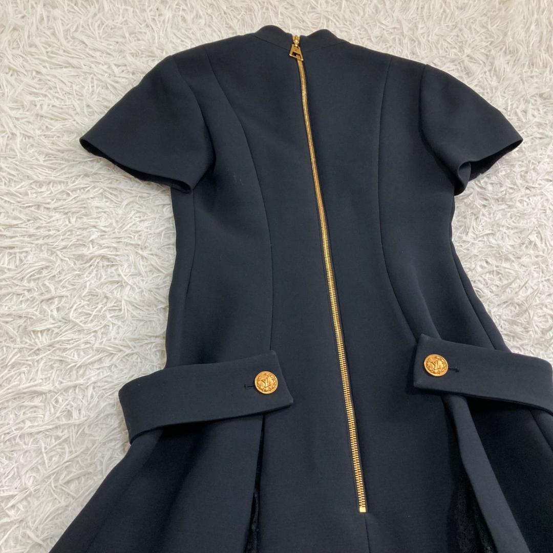 17442✨ルイヴィトン 金ボタン LVロゴ レース切替フレアワンピース ウール