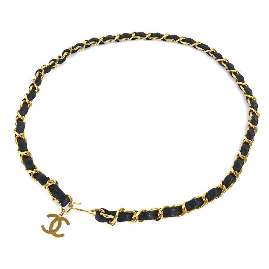 美品 CHANEL シャネル チェーンベルト ブラック×ゴールド GP×革